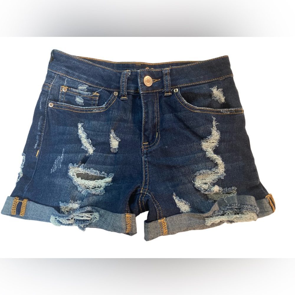 Size 0 Rue 21 dark wash ripped rolled cuff jean shorts